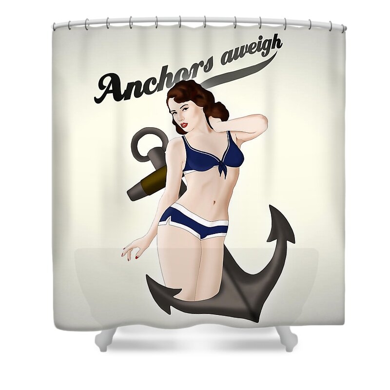 Pinup Shower Curtain featuring the drawing Anchors Aweigh - Classic Pin Up by Nicklas Gustafsson