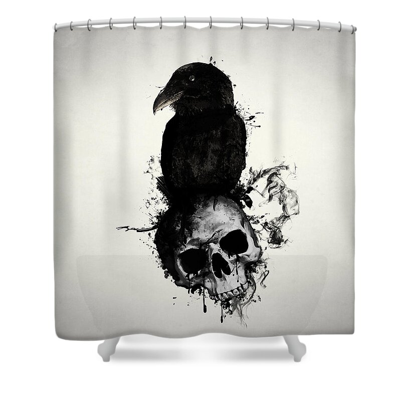 Raven Shower Curtain featuring the mixed media Raven and Skull by Nicklas Gustafsson