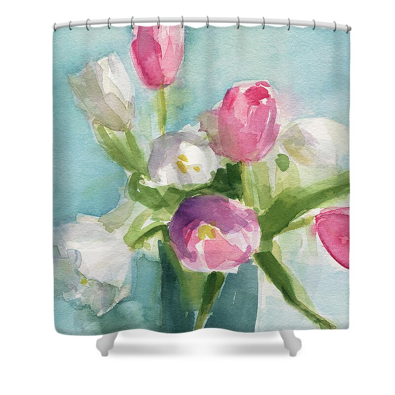 Floral Shower Curtain featuring the painting Pink and White Tulips by Beverly Brown Prints