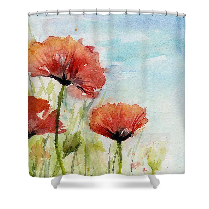 Red Poppy Shower Curtain featuring the painting Red Poppies Watercolor by Olga Shvartsur