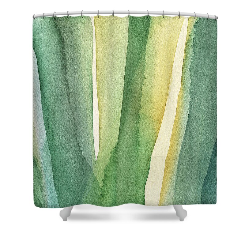 Green Shower Curtain featuring the painting Green Teal and Yellow Abstract by Beverly Brown Prints