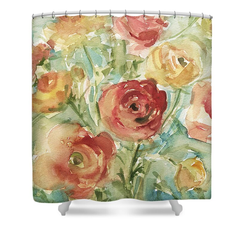 Floral Shower Curtain featuring the painting Red Orange and Yellow Ranunculus by Beverly Brown Prints