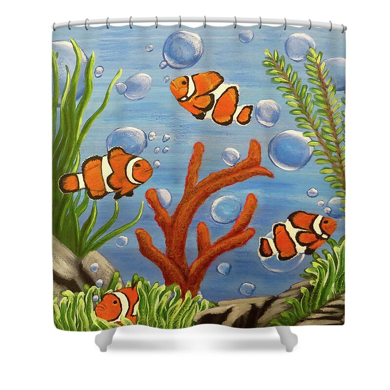 Clownfish Shower Curtain featuring the painting Clowning around by Teresa Wing