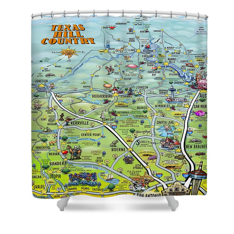 Texas Shower Curtain featuring the digital art Texas Hill Country Cartoon Map #1 by Kevin Middleton