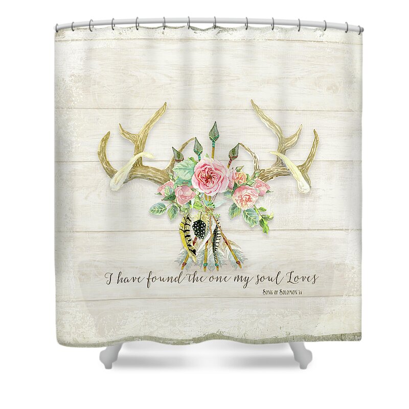 Watercolor Shower Curtain featuring the painting BOHO Love - Deer Antlers Floral Inspirational by Audrey Jeanne Roberts