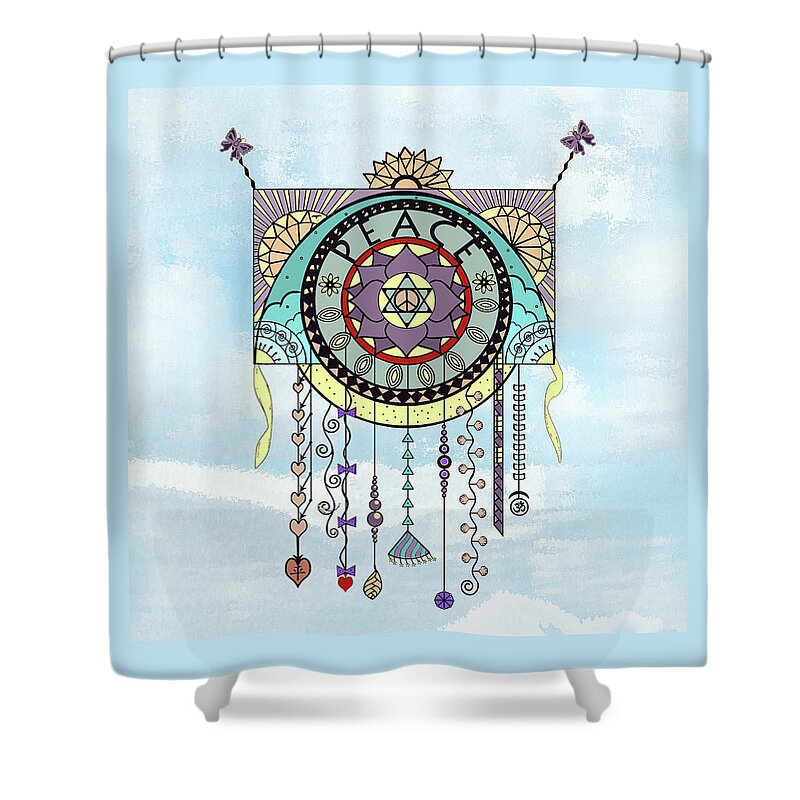 Abstract Shower Curtain featuring the digital art Peace Kite Dangle Illustration Art by Deborah Smith