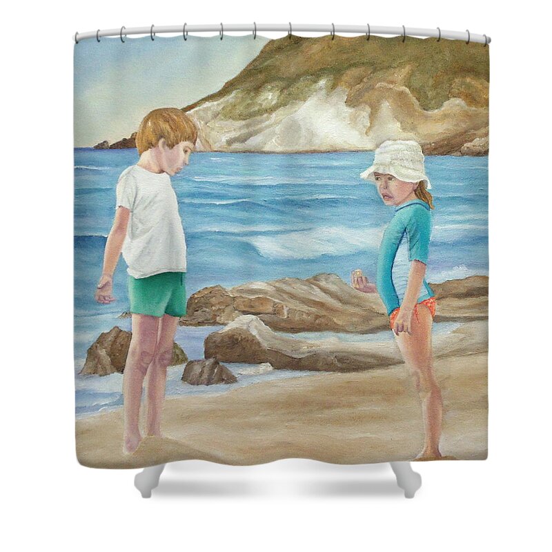 Kids Shower Curtain featuring the painting Kids Collecting Marine Shells by Angeles M Pomata