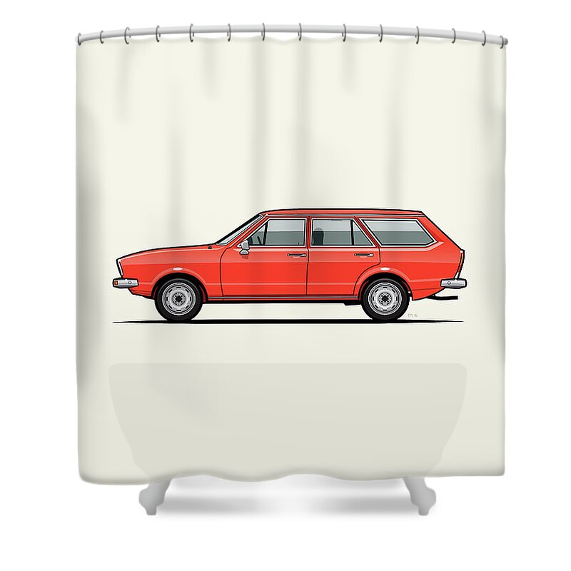 Car Shower Curtain featuring the digital art Volkswagen Dasher Wagon / VW Passat B1 Variant by Tom Mayer II Monkey Crisis On Mars