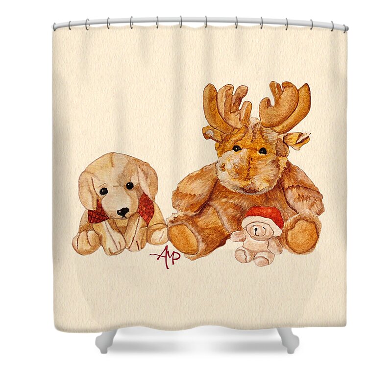 Cuddly Animals Shower Curtain featuring the painting Christmas Buddies II by Angeles M Pomata