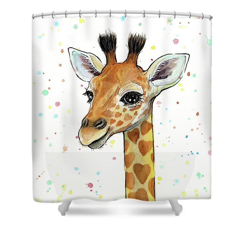 Watercolor Giraffe Shower Curtain featuring the painting Baby Giraffe Watercolor with Heart Shaped Spots by Olga Shvartsur