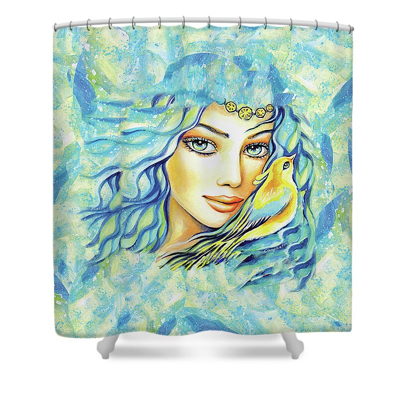 Bird Fairy Shower Curtain featuring the painting Bird of Secrets by Eva Campbell