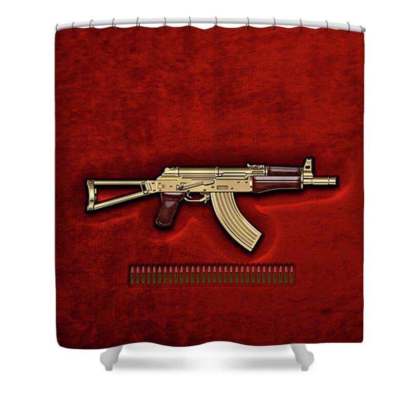 'the Armory' Collection By Serge Averbukh Shower Curtain featuring the digital art Gold A K S-74 U Assault Rifle with 5.45x39 Rounds over Red Velvet by Serge Averbukh