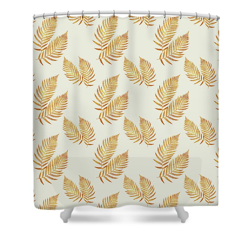 Fern Leaves Shower Curtain featuring the mixed media Gold Fern Leaf Art by Christina Rollo