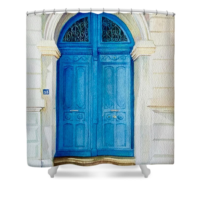 Porte Shower Curtain featuring the painting Porte Bleue de l'Ancien Notaire by Francoise Chauray