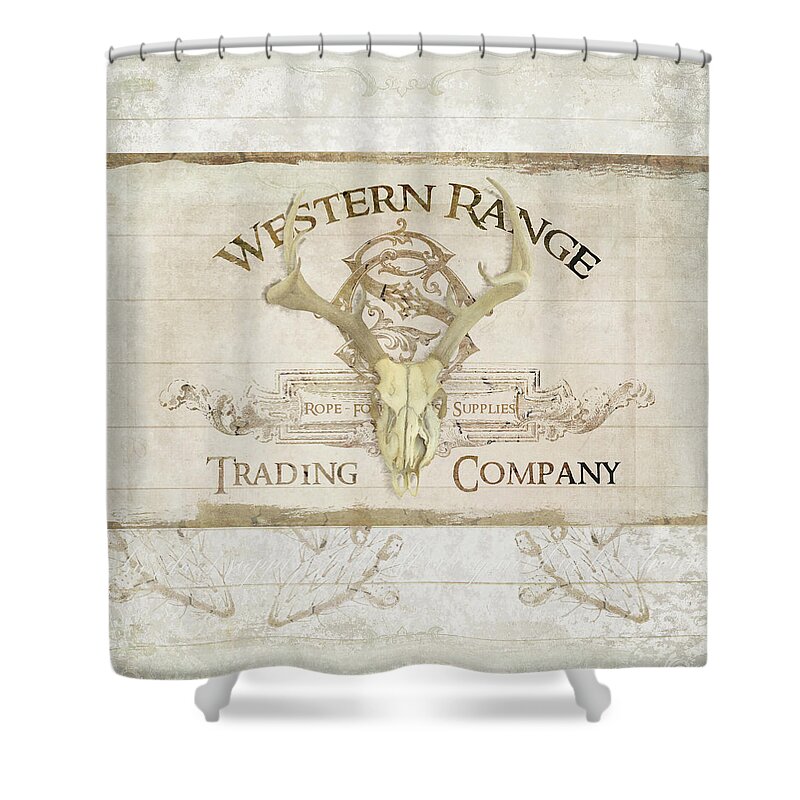 Western Shower Curtain featuring the painting Western Range 3 Old West Deer Skull Wooden Sign Trading Company by Audrey Jeanne Roberts