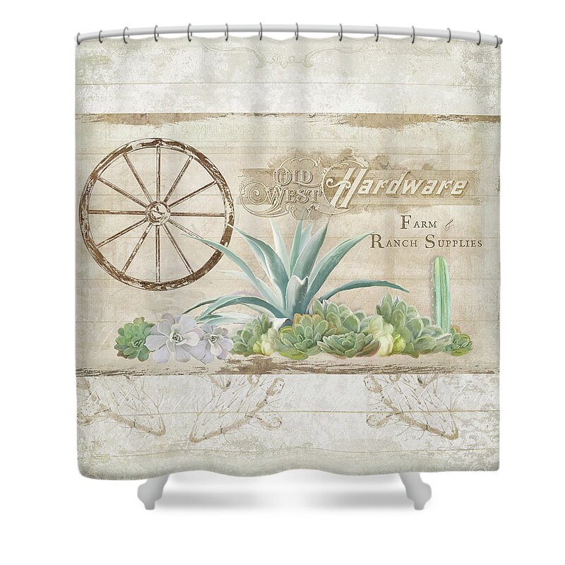 Farm Shower Curtain featuring the painting Western Range 4 Old West Desert Cactus Farm Ranch Wooden Sign Hardware by Audrey Jeanne Roberts