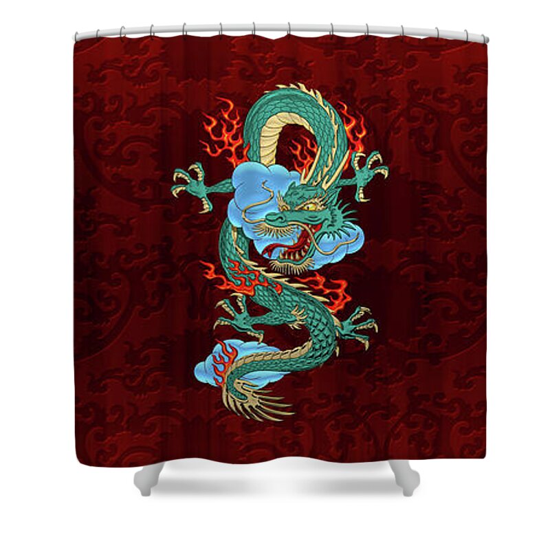 'treasures Of China' Collection By Serge Averbukh Shower Curtain featuring the digital art The Great Dragon Spirits - Turquoise Dragon on Red Silk by Serge Averbukh