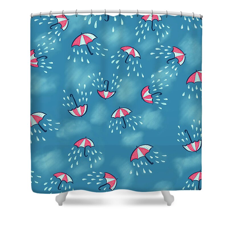 Rain Shower Curtain featuring the digital art Fun Raining Umbrella Pattern by Boriana Giormova