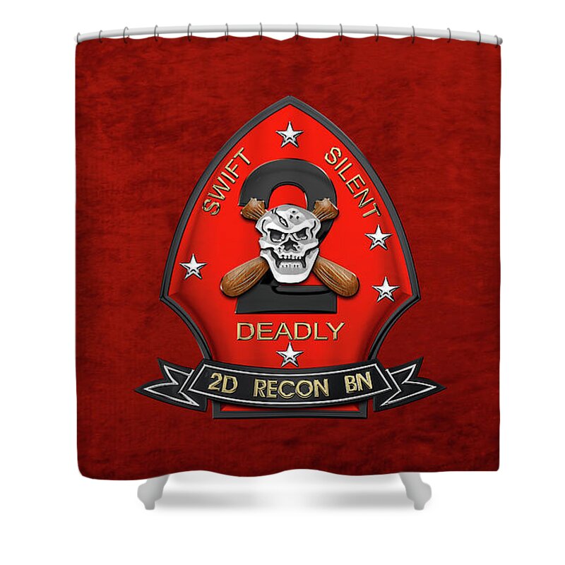 'military Insignia & Heraldry' Collection By Serge Averbukh Shower Curtain featuring the digital art U S M C 2nd Reconnaissance Battalion - 2nd Recon Bn Insignia over Red Velvet by Serge Averbukh