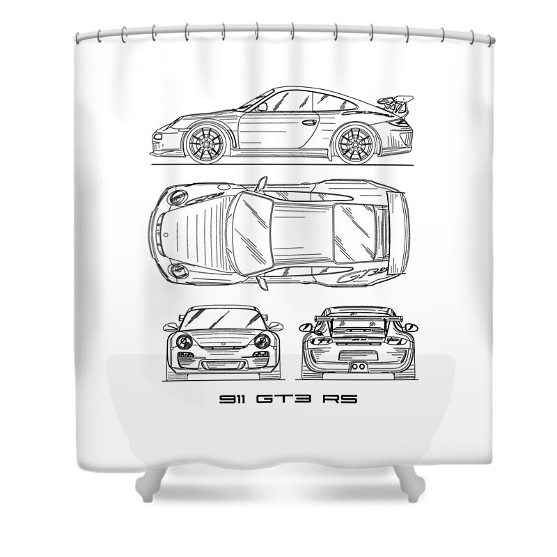Porsche 911 Blueprint Shower Curtain featuring the photograph 911 GT3 RS Blueprint by Mark Rogan