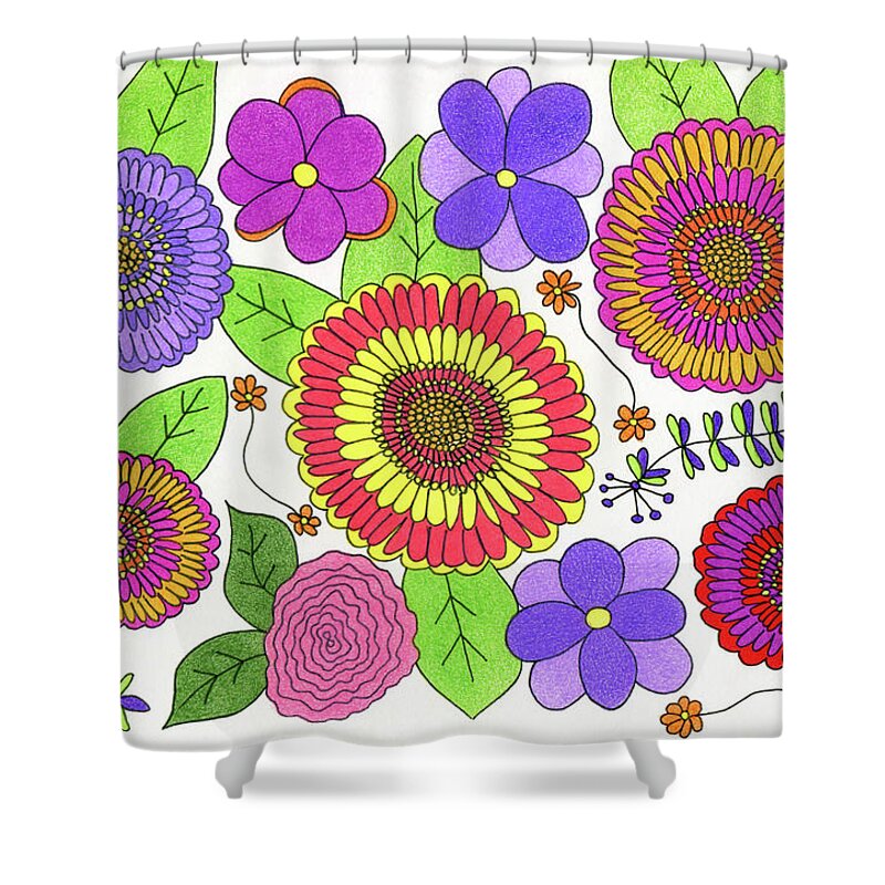 Colorful Flowers Shower Curtain featuring the drawing Bright and Cheery Flowers by Lisa Blake