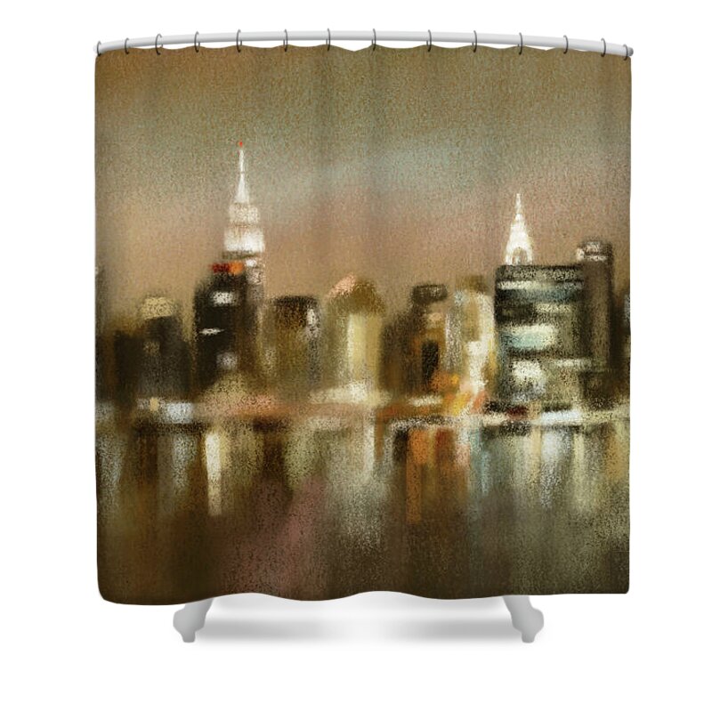 New York Shower Curtain featuring the painting Luminous New York Skyline by Beverly Brown