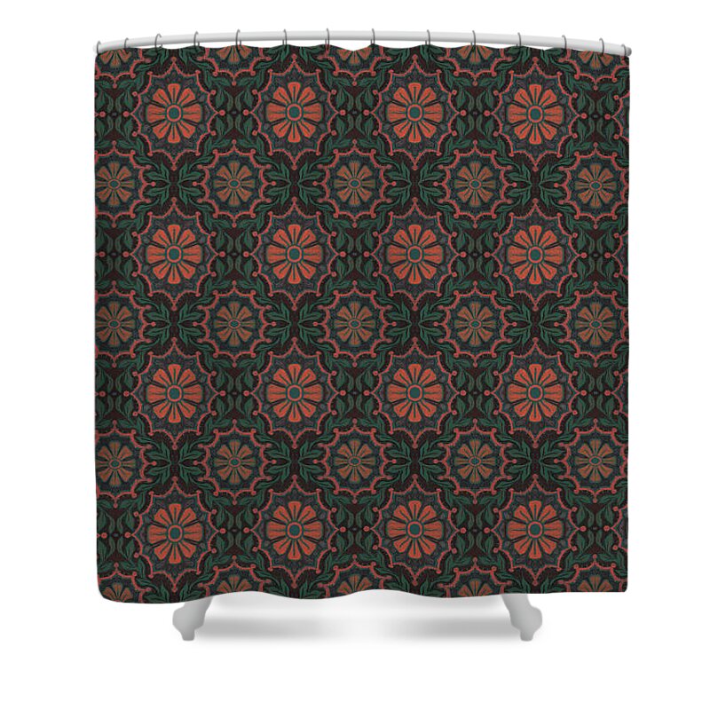 Green Shower Curtain featuring the digital art Folk flower, floral pattern, orange, green and black by Julia Khoroshikh