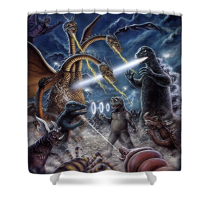  Art & Collectibles Shower Curtain featuring the painting Destroy all Monsters Godzilla Kaiju battle Monster Island by Scott Jackson