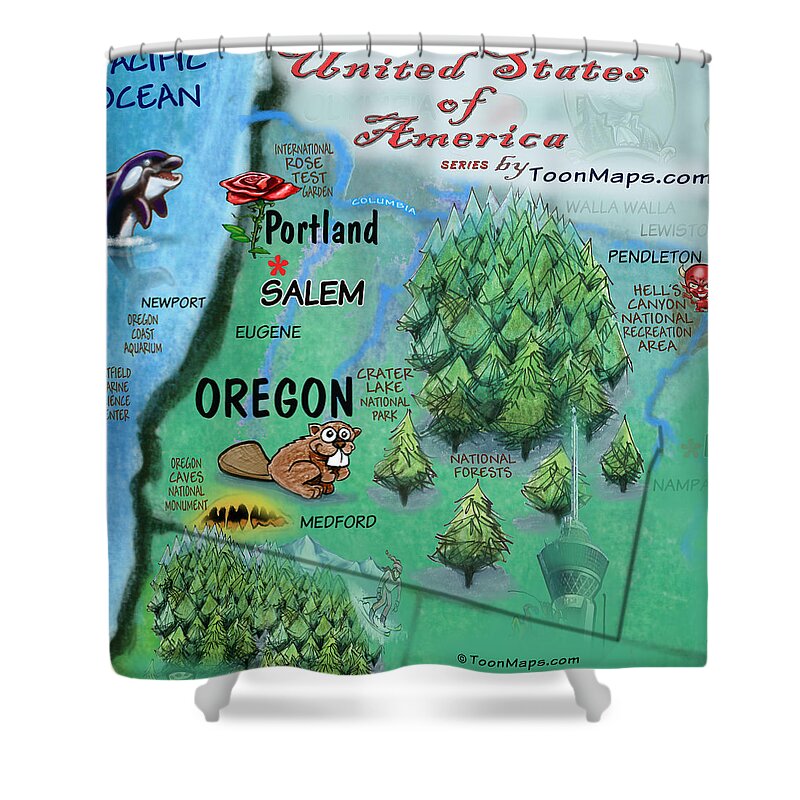 Oregon Shower Curtain featuring the digital art Oregon Fun Map by Kevin Middleton