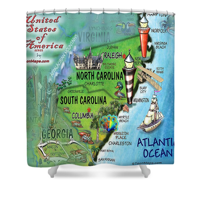 North Carolina Shower Curtain featuring the digital art North South Carolina Fun Map by Kevin Middleton