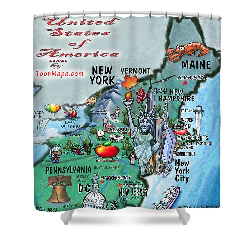 New England Shower Curtain featuring the digital art New England Fun Map by Kevin Middleton