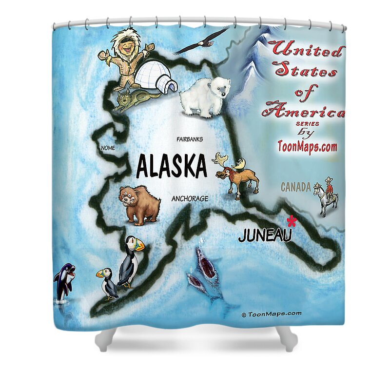 Alaska Shower Curtain featuring the digital art Alaska Fun Map by Kevin Middleton