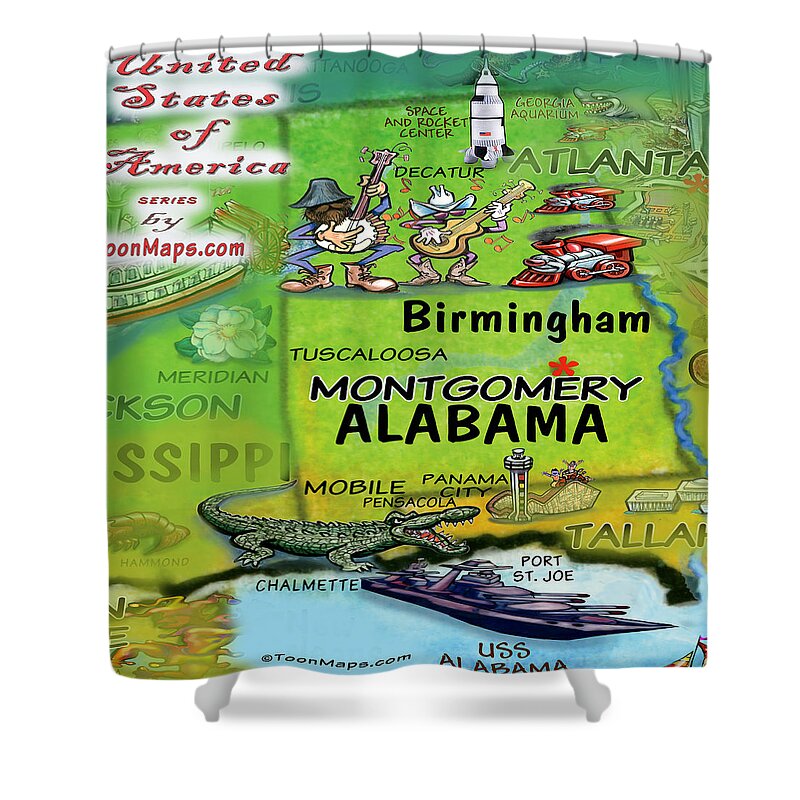 Alabama Shower Curtain featuring the digital art Alabama Fun Map by Kevin Middleton
