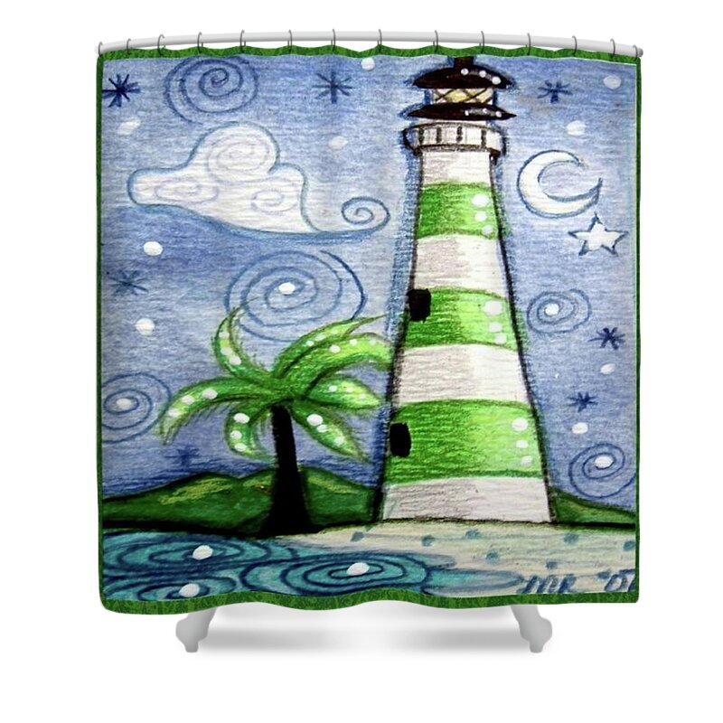 Lighthouse Shower Curtain featuring the painting Green and White Tropical Lighthouse by Monica Resinger