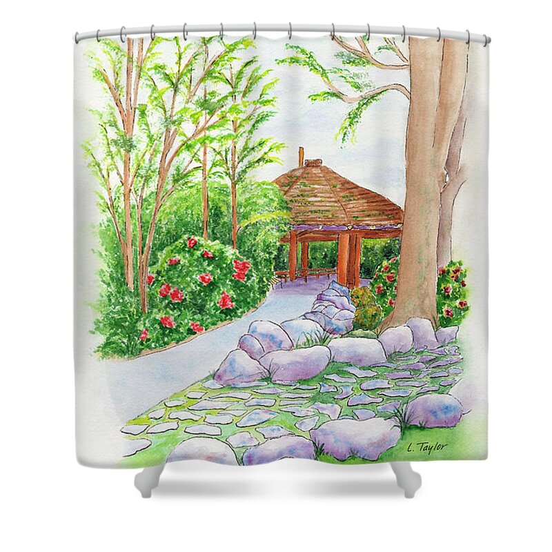 Gazebo Shower Curtain featuring the painting Pavilion Pathway by Lori Taylor