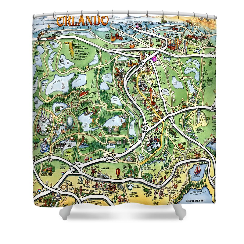 Orlando Shower Curtain featuring the digital art Orlando Florida Cartoon Map by Kevin Middleton