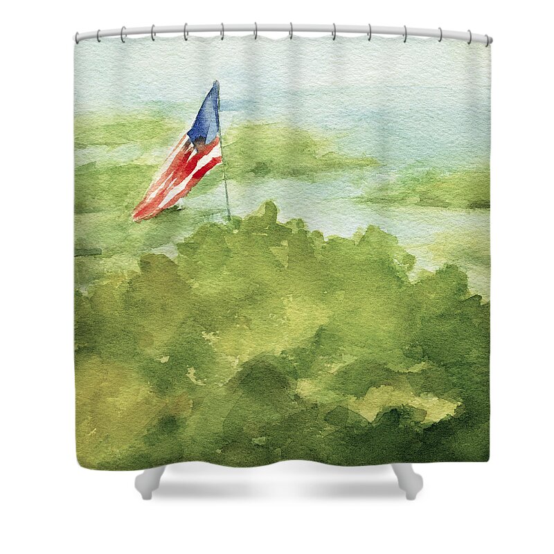 Coastal Shower Curtain featuring the painting Cape Cod Beach with American Flag Painting by Beverly Brown