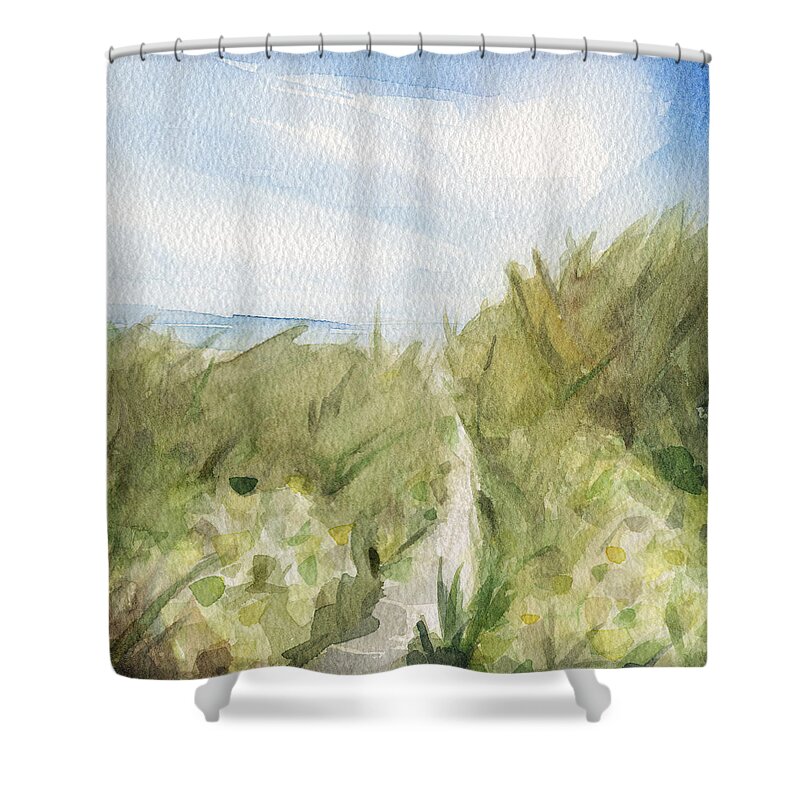 Coastal Shower Curtain featuring the painting Footpath through Dunes Cape Cod Beach Painting by Beverly Brown