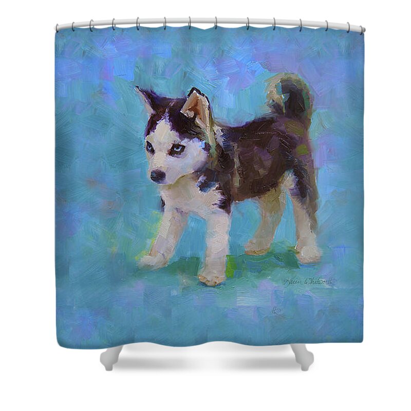 Husky Shower Curtain featuring the painting Alaskan Husky Sled Dog Puppy by K Whitworth