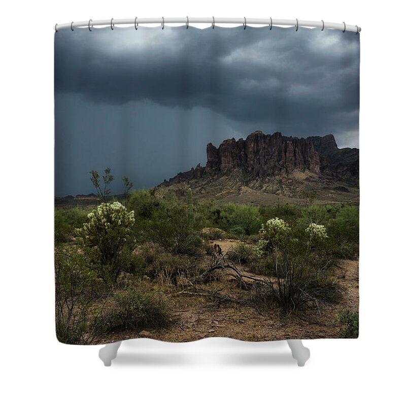 Superstition Mountains Shower Curtain featuring the photograph As Rain Falls on The Superstitions by Saija Lehtonen