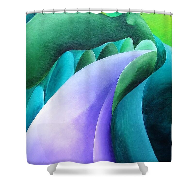 Green Shower Curtain featuring the painting As the Road Bends... so do I by Jennifer Hannigan-Green