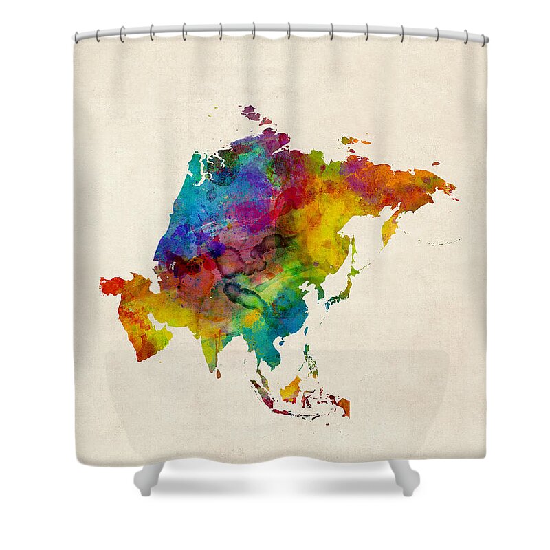 Asia Shower Curtain featuring the digital art Asia Continent Watercolor Map by Michael Tompsett