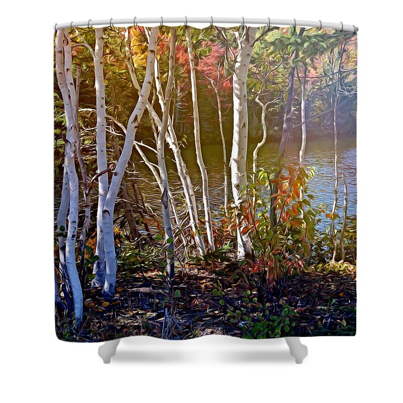 Trees Shower Curtain featuring the mixed media Aspen trees in the fall by Tatiana Travelways