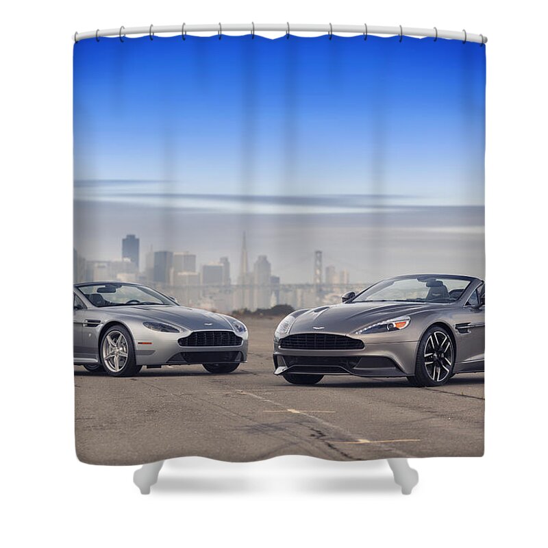 Aston Shower Curtain featuring the photograph Aston Martin V8 Vantage Roadster and Vanquish Roadster by ItzKirb Photography