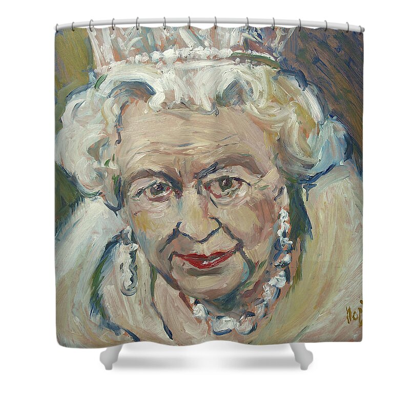 Qeii Queen Queenelizabeth Elizabeth United Kingdom Shower Curtain featuring the painting At age still reigning by Nop Briex