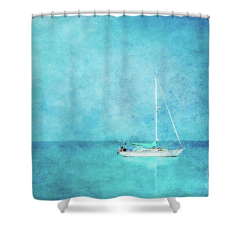 Sailboat Shower Curtain featuring the mixed media At Anchor by Betty LaRue