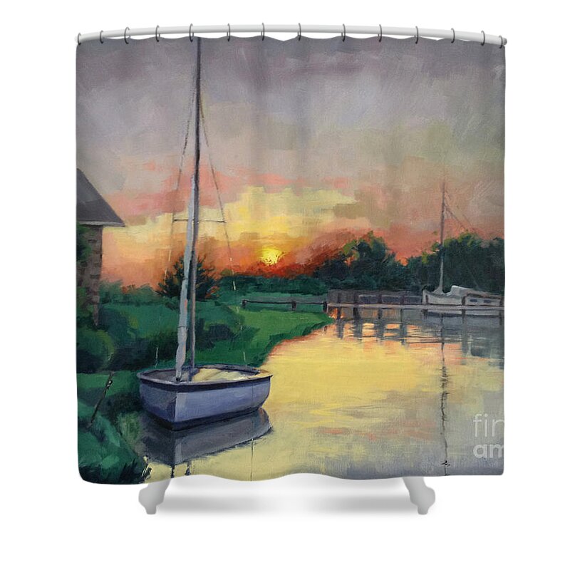 Dock Shower Curtain featuring the painting At Ease SOLD by Nancy Parsons