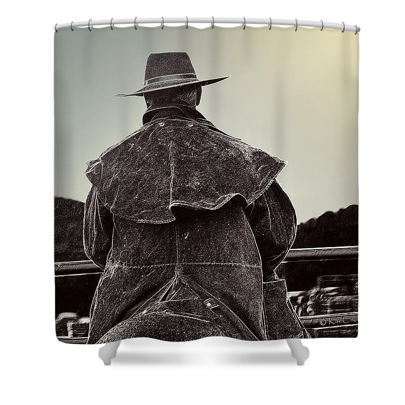 Cowboy Shower Curtain featuring the mixed media At Home on the Range 3 by Kae Cheatham