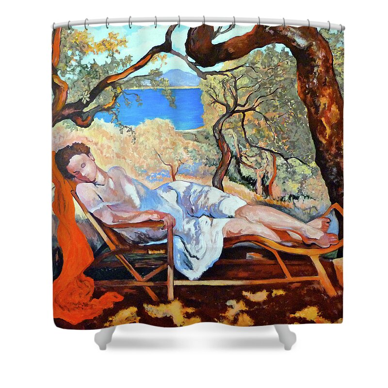 Lady Resting Shower Curtain featuring the painting At Peace by Tom Roderick