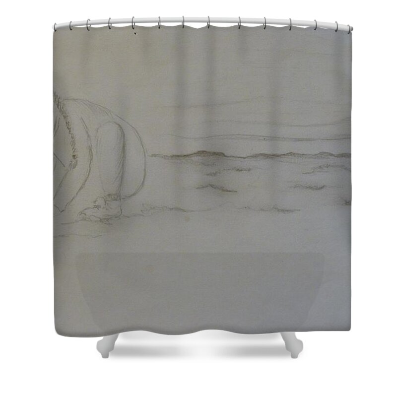 A Female Child Playing In The Sand At The Beach Shower Curtain featuring the drawing At the Beach by Janet Lipp
